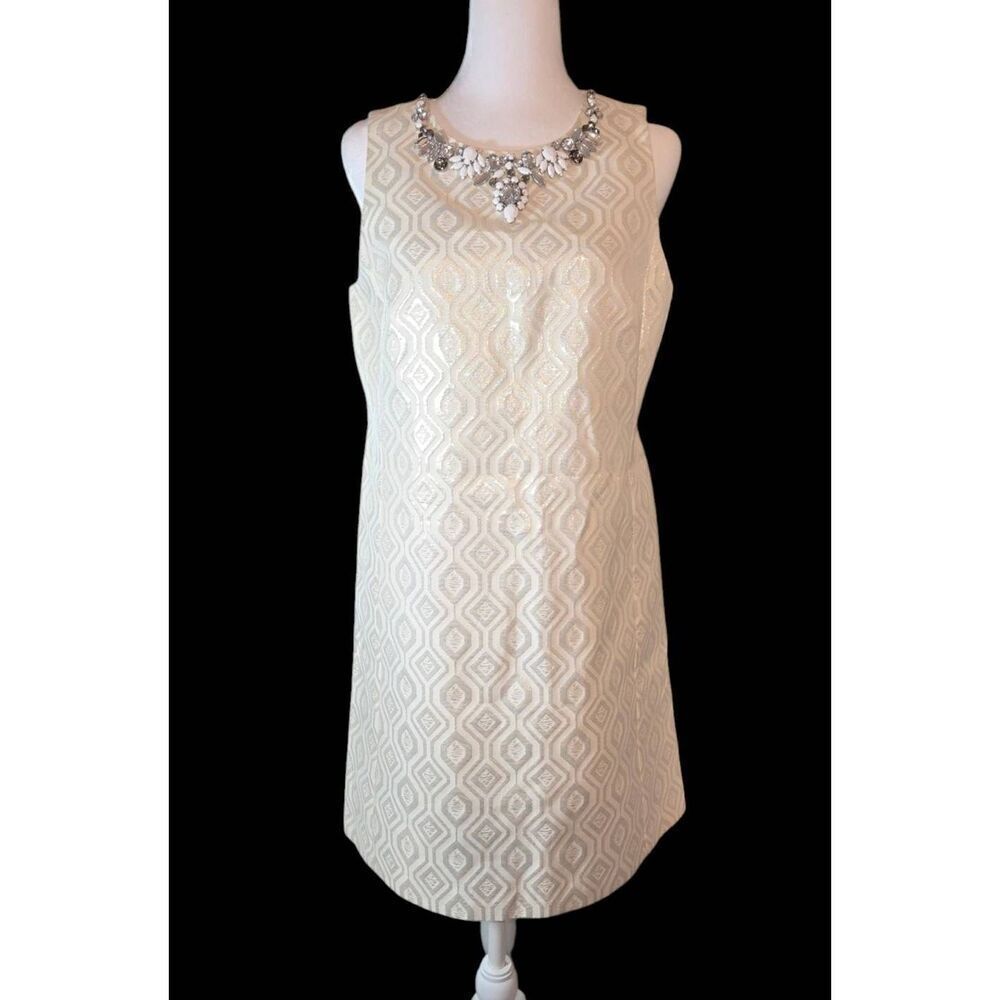 White House Black Market Womens Size 8 Ivory Silver/Gold Metallic Jacquard Dress